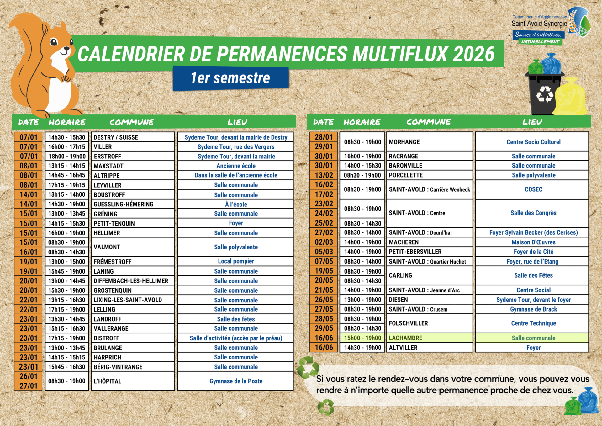 Calendrier des permanences 2026 - 1er semestre