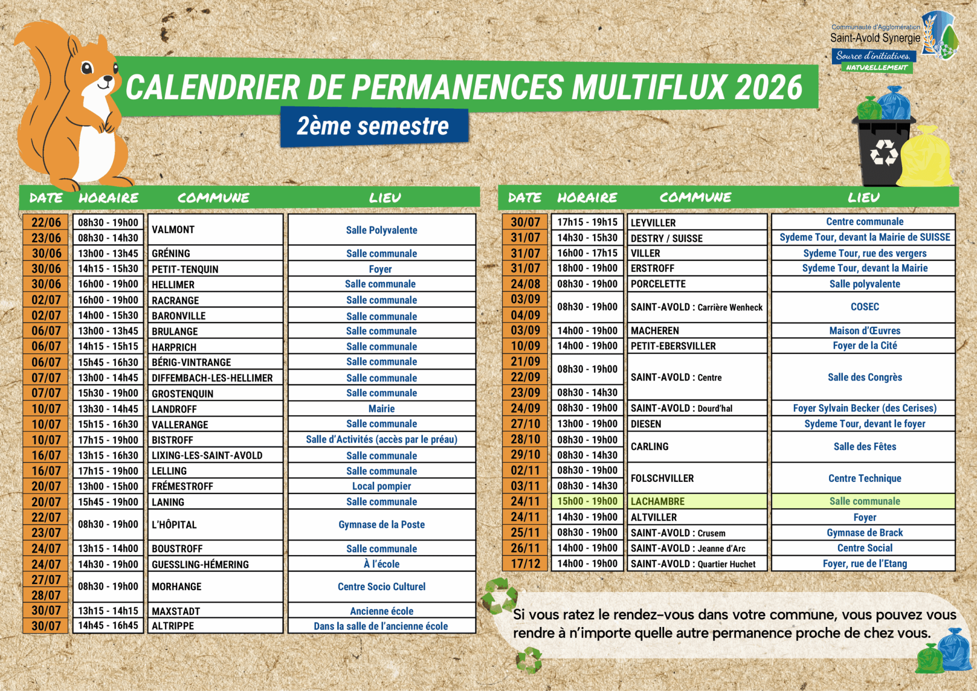 Calendrier des permanences 2026 - 2ème semestre