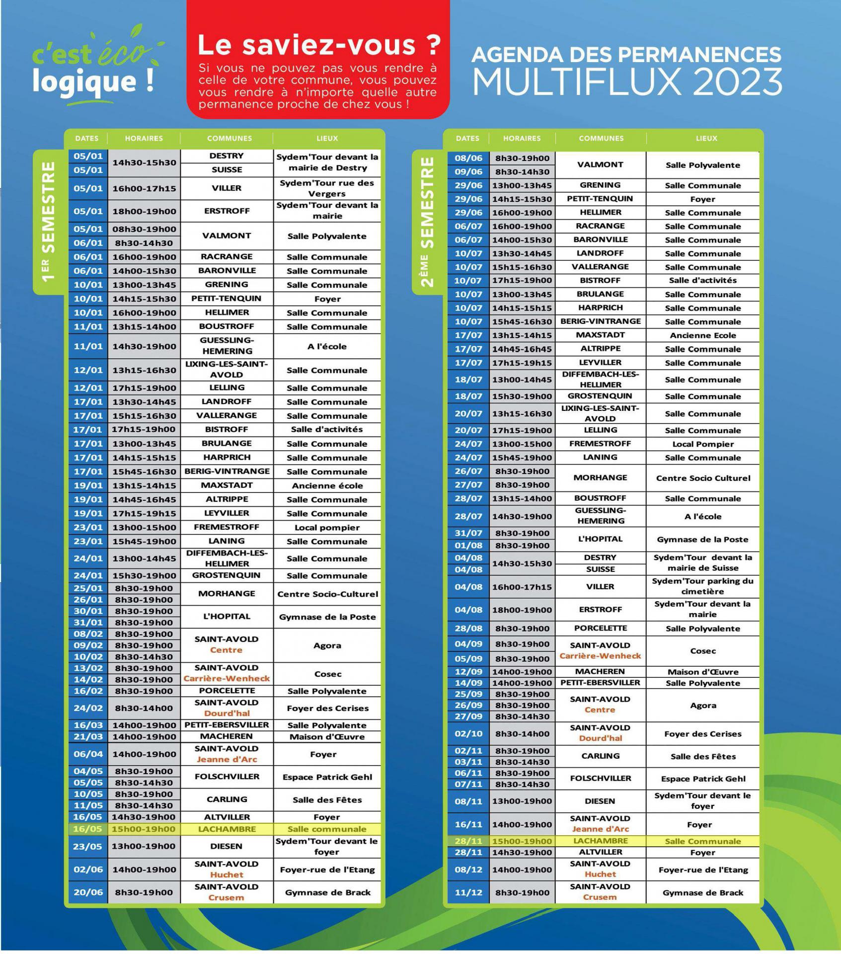 Lachambre calendrier de Collecte des Ordures Ménagères 2023 - Permanences multiflux
